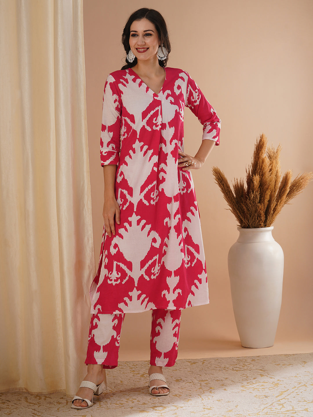 Ethnic Ikat Printed A-Line Co-ord Set - Red