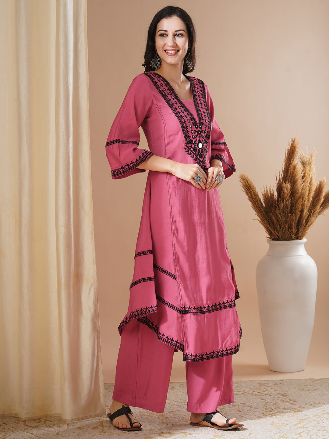 Solid Ethnic Mirror Embroidered A-Line Paneled High-Low Co-ord Set - Pink