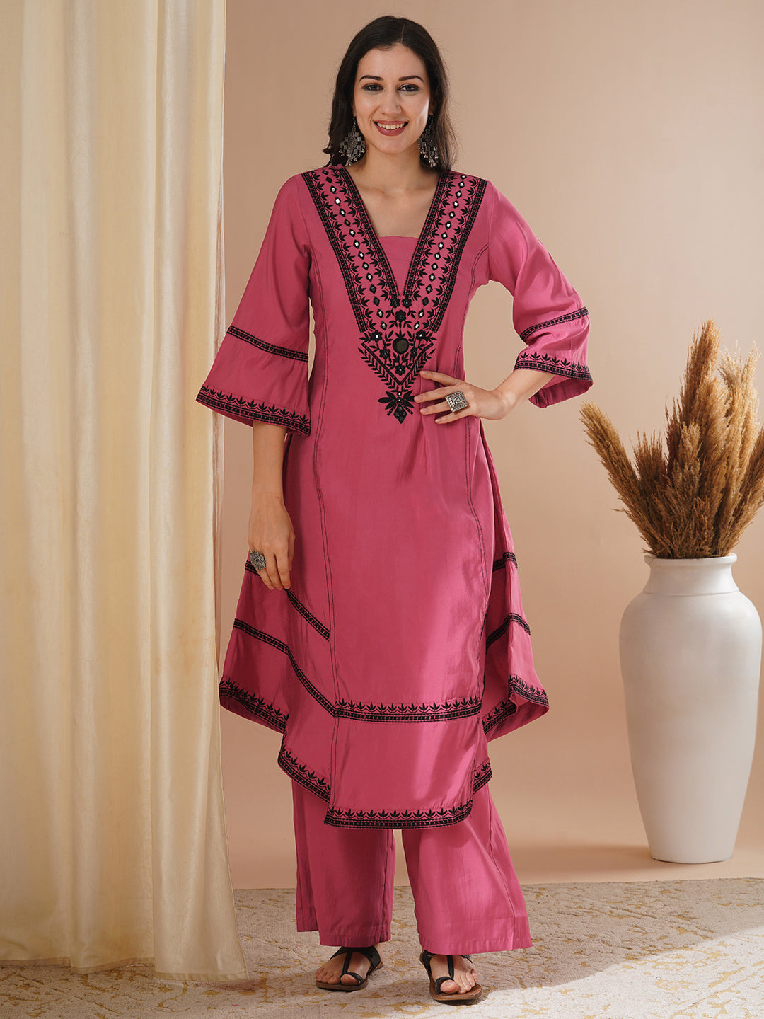 Solid Ethnic Mirror Embroidered A-Line Paneled High-Low Co-ord Set - Pink