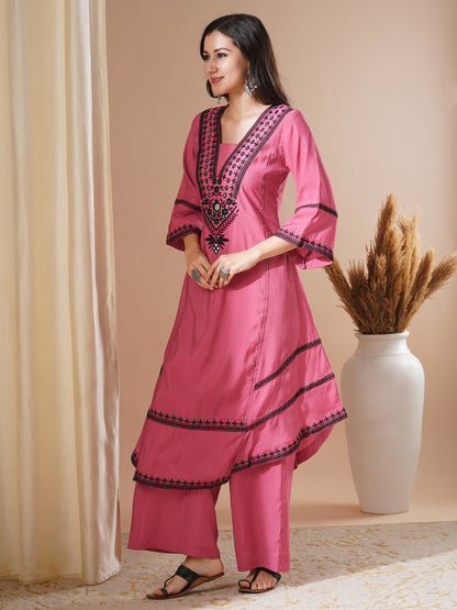 Solid Ethnic Mirror Embroidered A-Line Paneled High-Low Co-ord Set - Pink