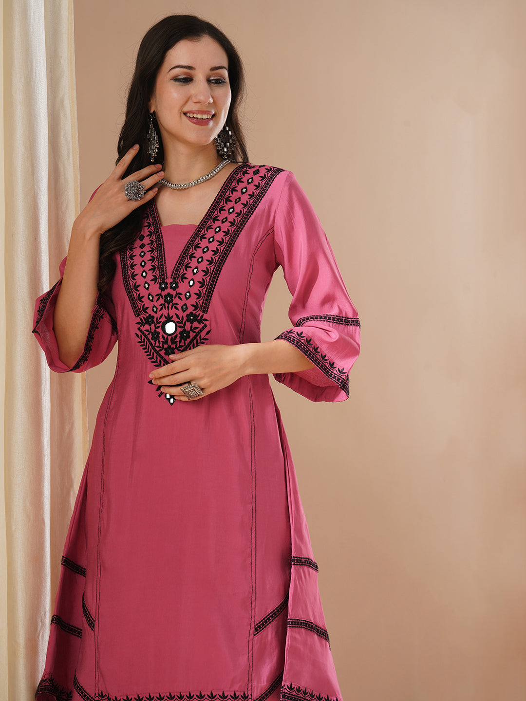 Solid Ethnic Mirror Embroidered A-Line Paneled High-Low Co-ord Set - Pink