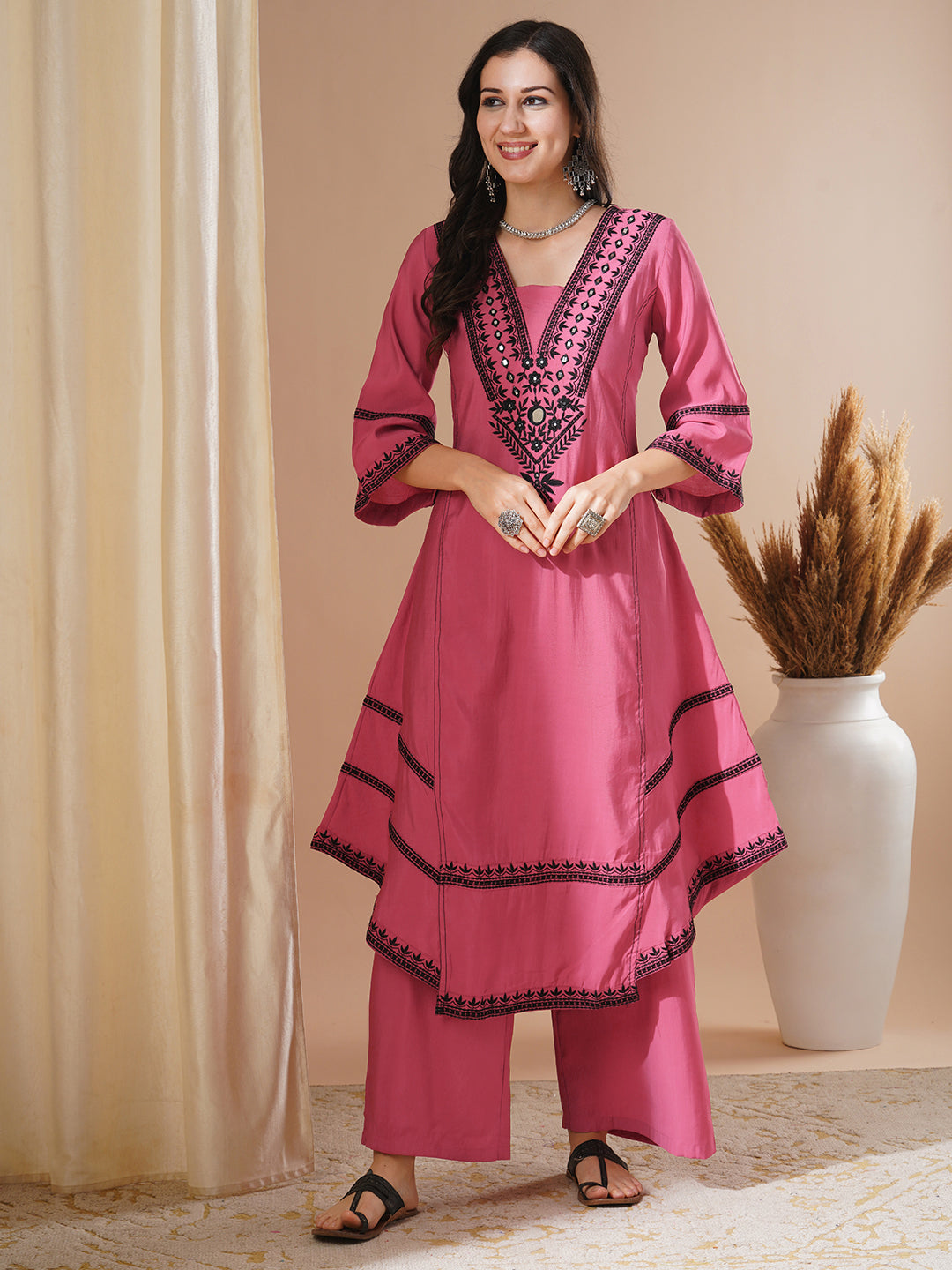 Solid Ethnic Mirror Embroidered A-Line Paneled High-Low Co-ord Set - Pink