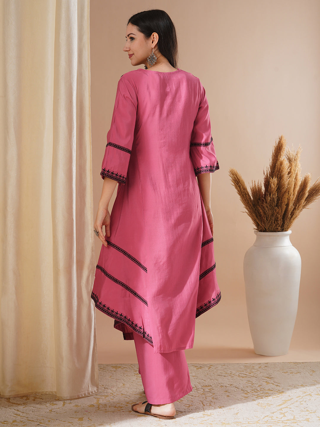 Solid Ethnic Mirror Embroidered A-Line Paneled High-Low Co-ord Set - Pink