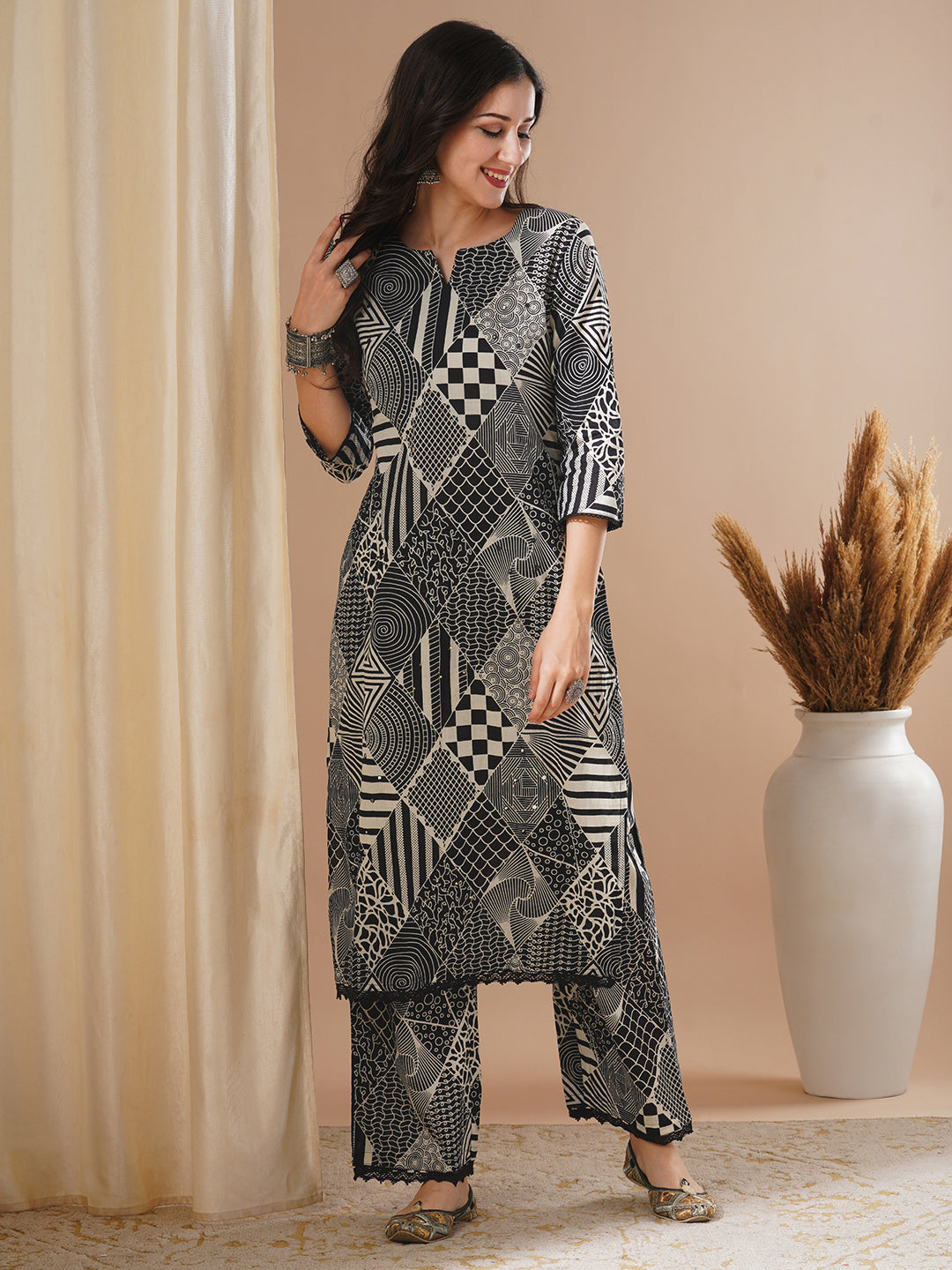 Ethnic Geometric Printed & Embroidered Straight Fit Co-ord Set - Black