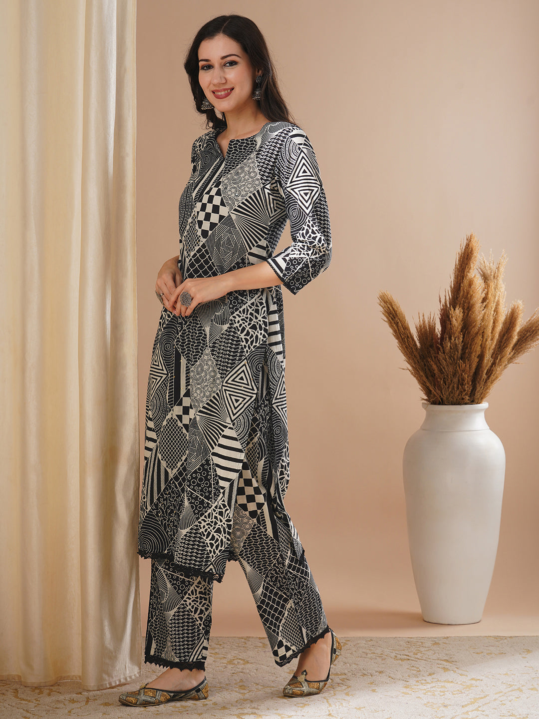 Ethnic Geometric Printed & Embroidered Straight Fit Co-ord Set - Black