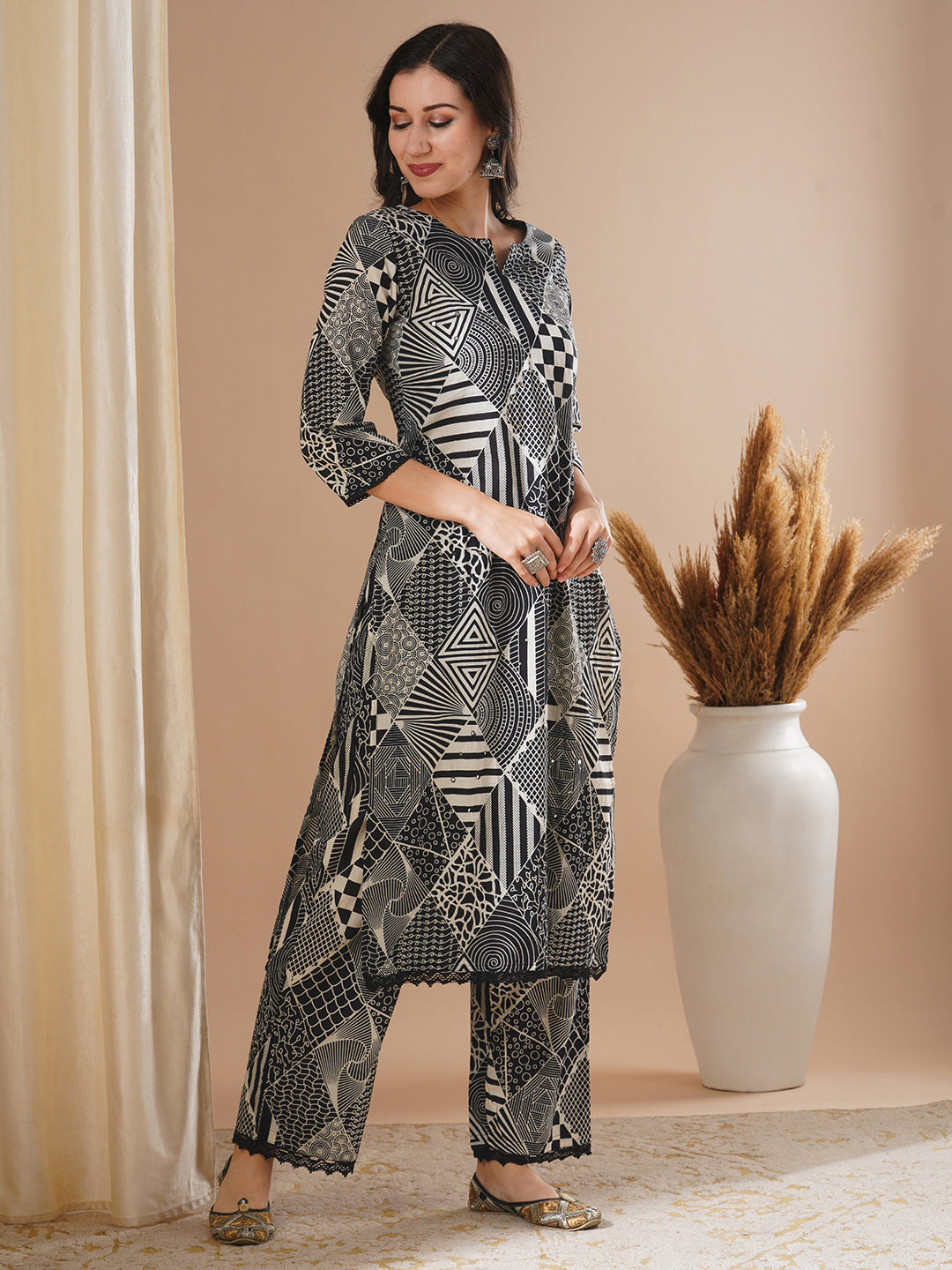 Ethnic Geometric Printed & Embroidered Straight Fit Co-ord Set - Black