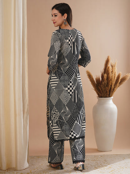 Ethnic Geometric Printed & Embroidered Straight Fit Co-ord Set - Black