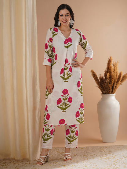 Ethnic Floral Block Printed A-Line Co-ord Set - Pink