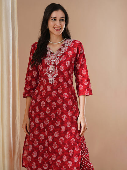 Ethnic Floral Printed & Embroidered Straight Fit Kurta with Pant - Red