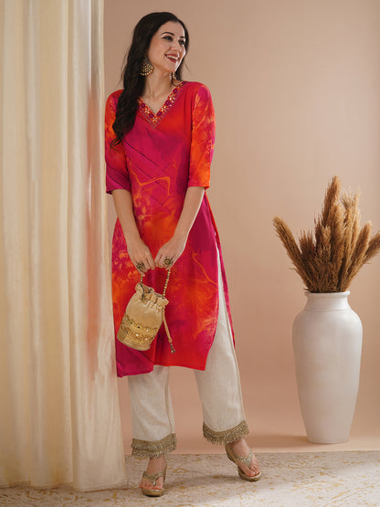 Abstract Printed & Mirror Embroidered Straight Fit Kurta - Pink