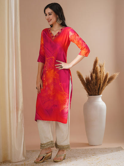 Abstract Printed & Mirror Embroidered Straight Fit Kurta - Pink