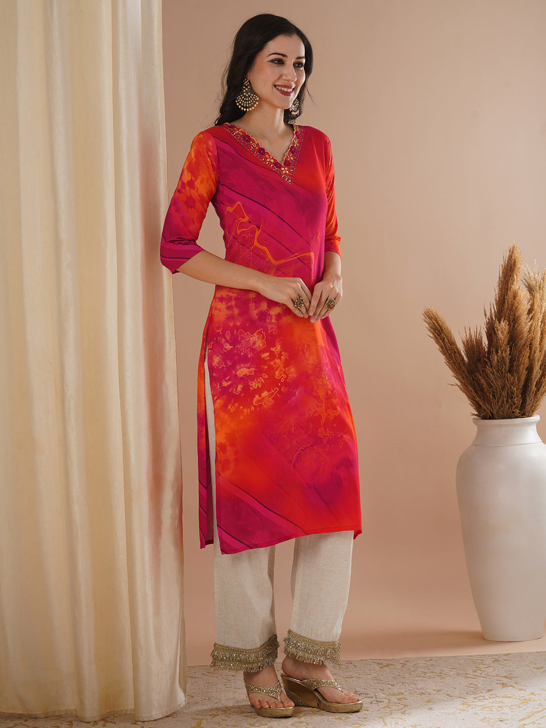 Abstract Printed & Mirror Embroidered Straight Fit Kurta - Pink