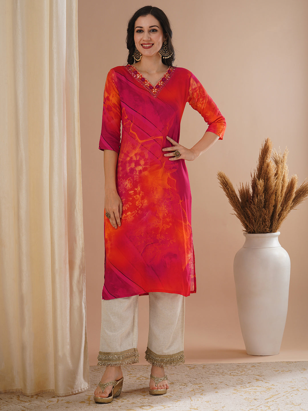 Abstract Printed & Mirror Embroidered Straight Fit Kurta - Pink