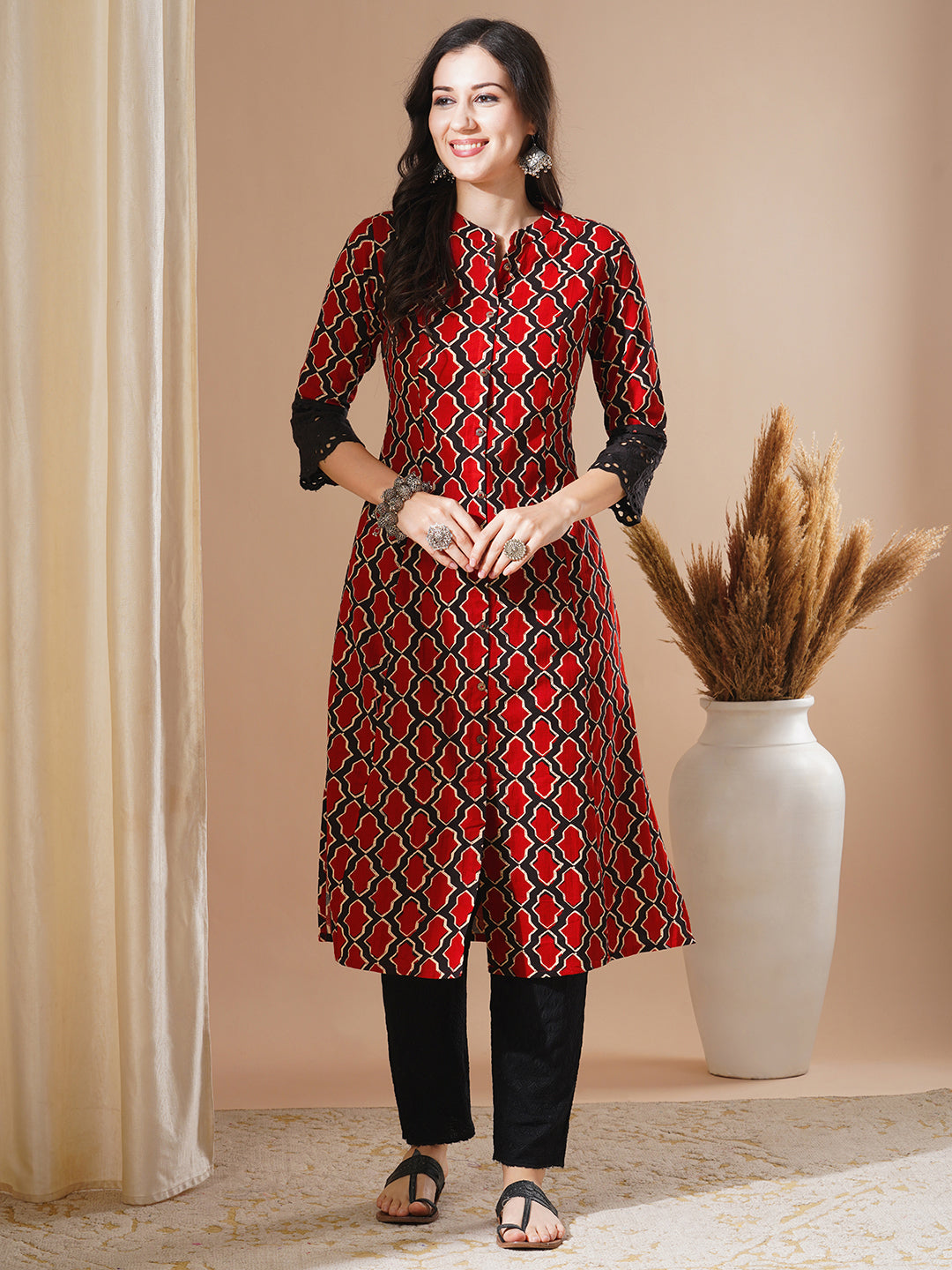 Ethnic Geometric Printed A-Line Paneled Kurta - Rust