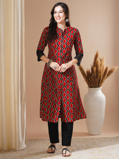 Ethnic Geometric Printed A-Line Paneled Kurta - Rust