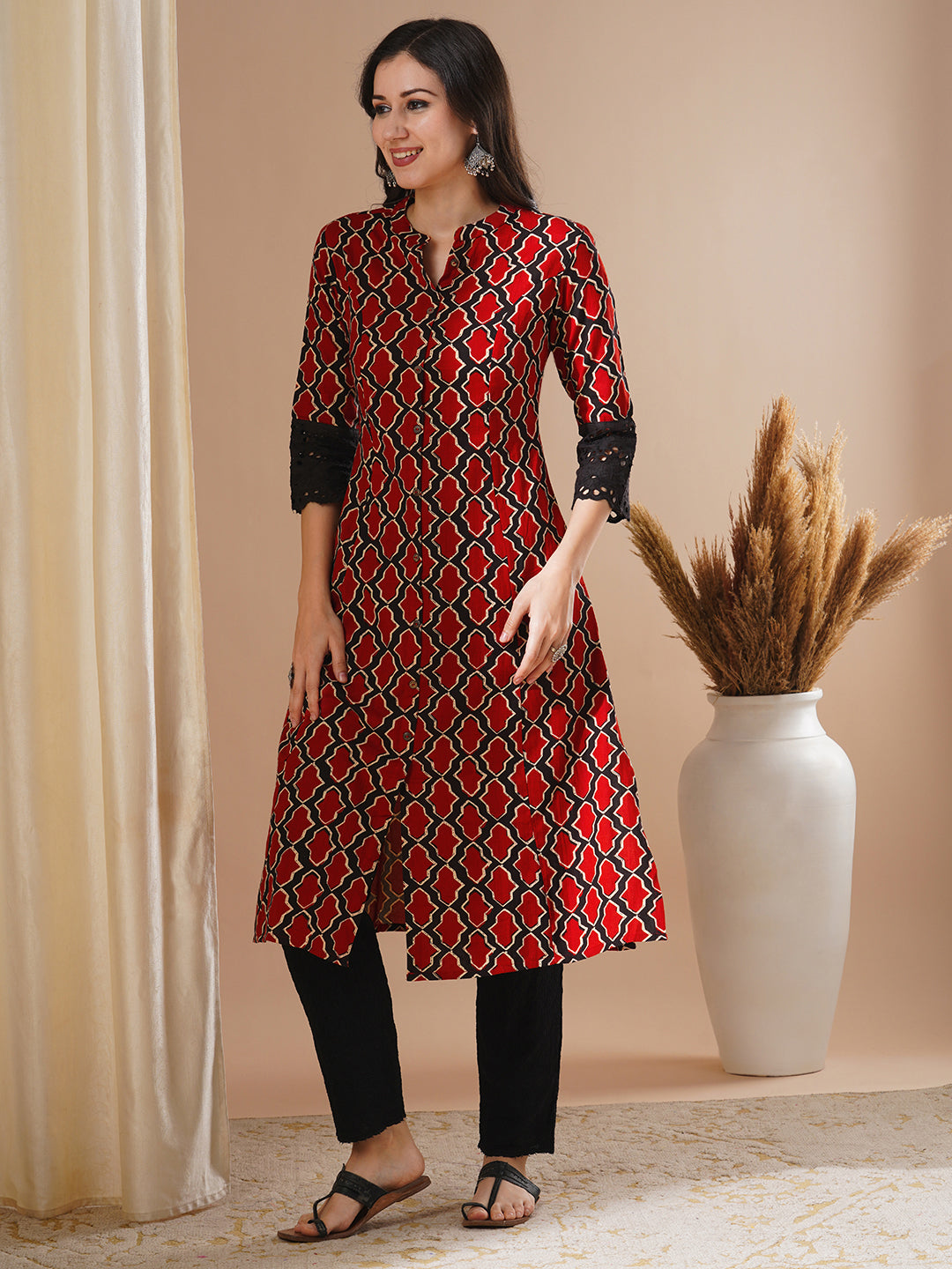 Ethnic Geometric Printed A-Line Paneled Kurta - Rust