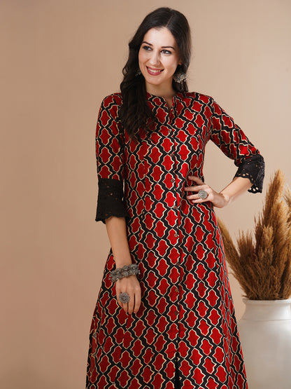 Ethnic Geometric Printed A-Line Paneled Kurta - Rust