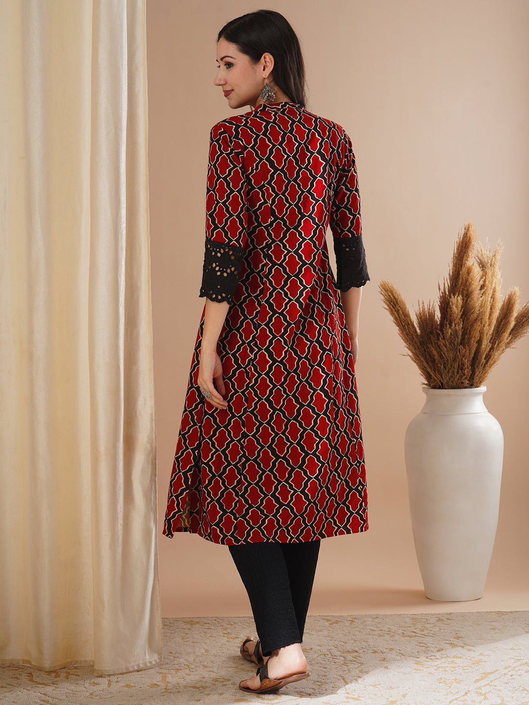 Ethnic Geometric Printed A-Line Paneled Kurta - Rust