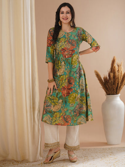 Floral Foil Printed & Embroidered A-Line Flared Kurta - Green