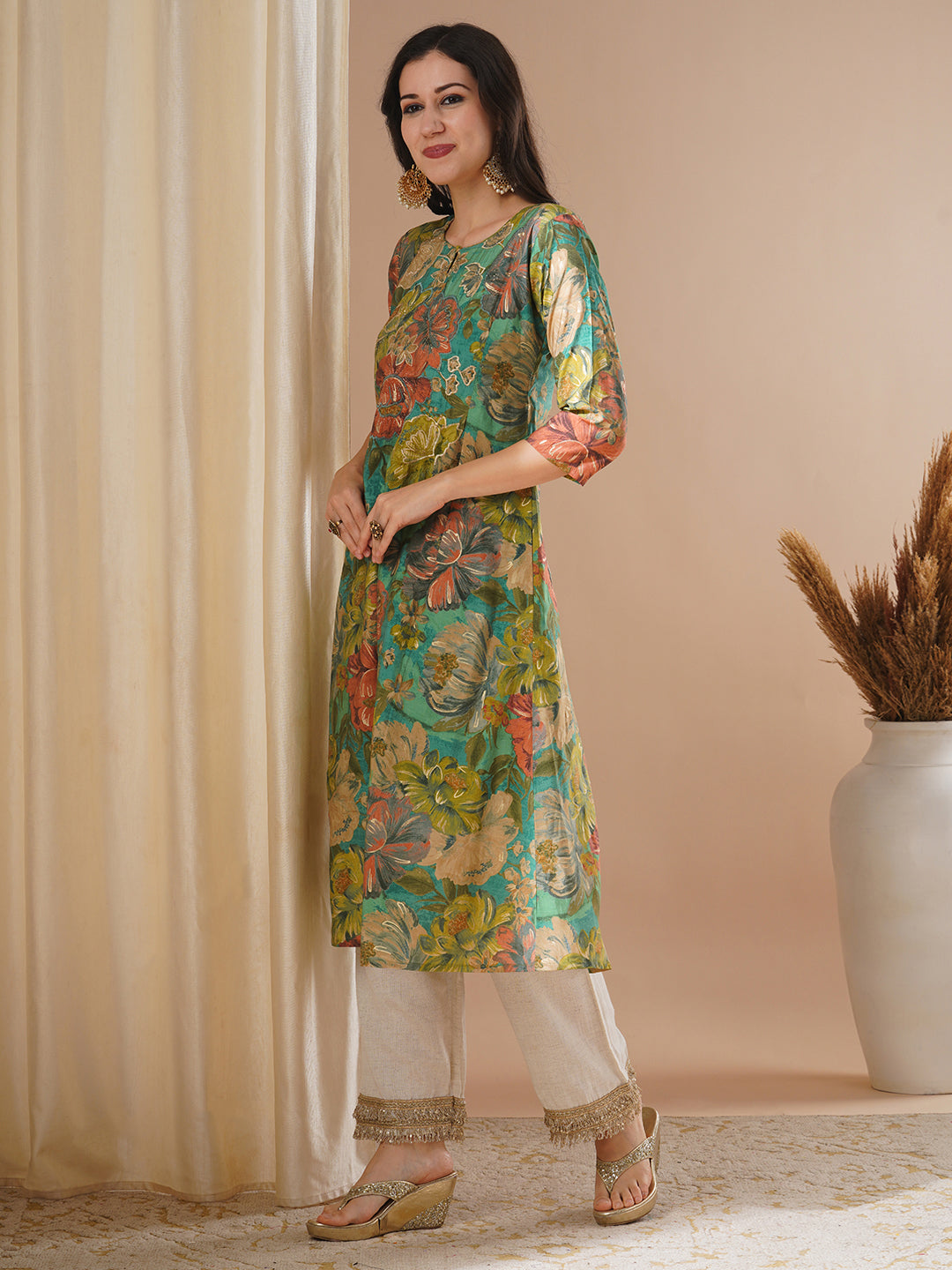 Floral Foil Printed & Embroidered A-Line Flared Kurta - Green