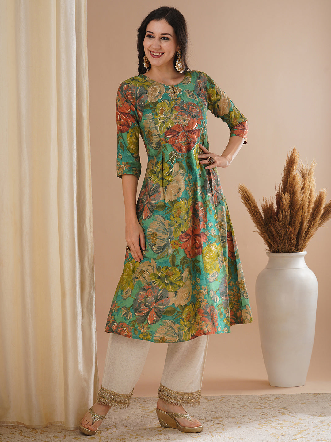 Floral Foil Printed & Embroidered A-Line Flared Kurta - Green