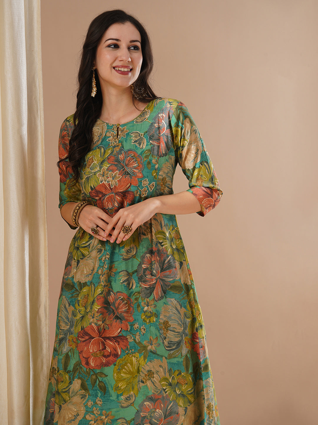 Floral Foil Printed & Embroidered A-Line Flared Kurta - Green