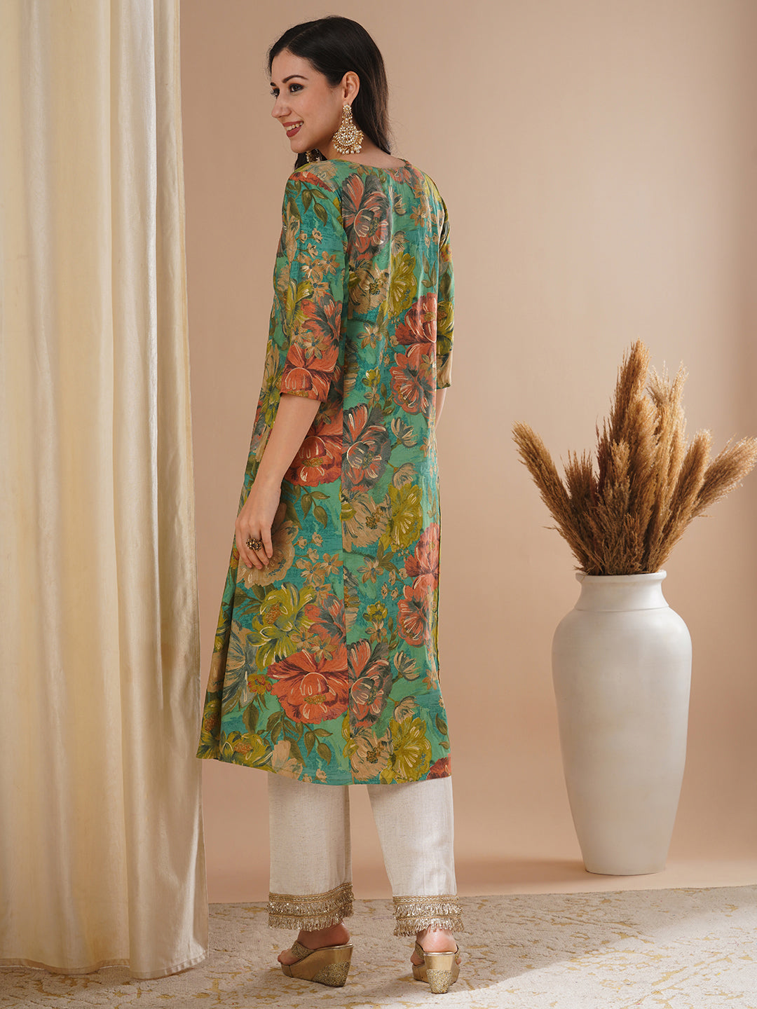 Floral Foil Printed & Embroidered A-Line Flared Kurta - Green