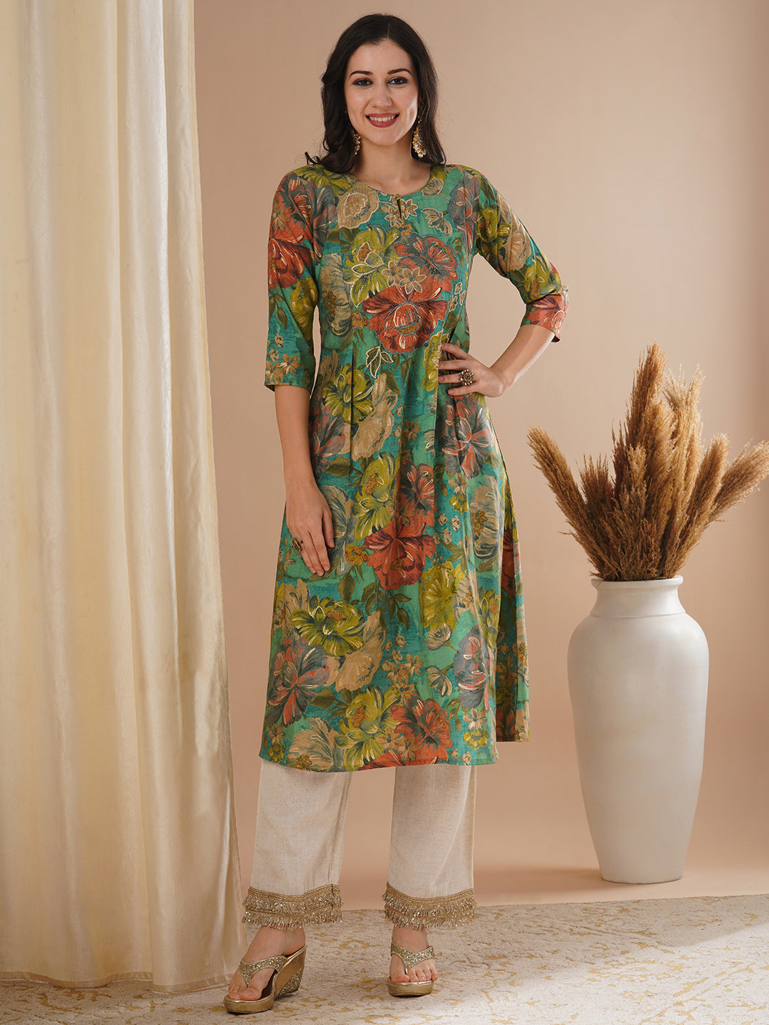 Floral Foil Printed & Embroidered A-Line Flared Kurta - Green