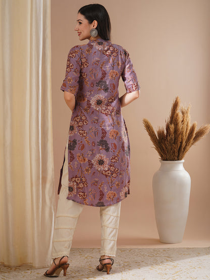 Ethnic Floral Foil Printed Straight Fit Kurta - Mauve