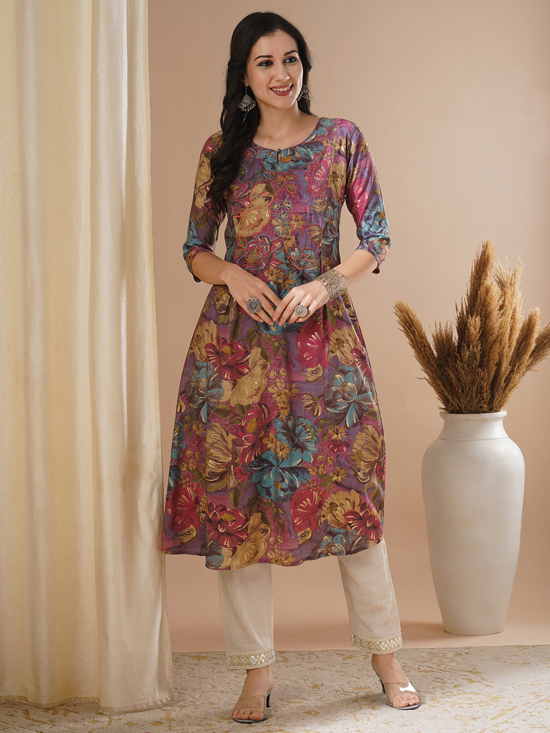 Floral Foil Printed & Embroidered A-Line Flared Kurta - Mauve