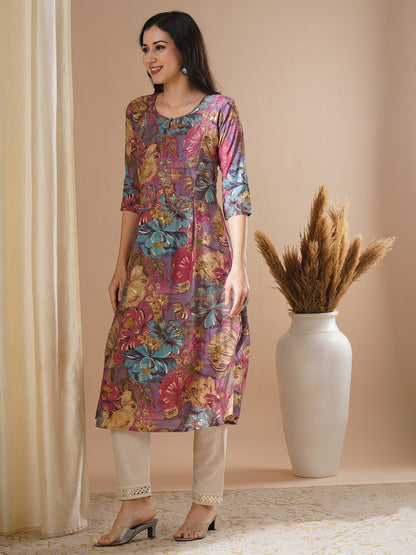 Floral Foil Printed & Embroidered A-Line Flared Kurta - Mauve