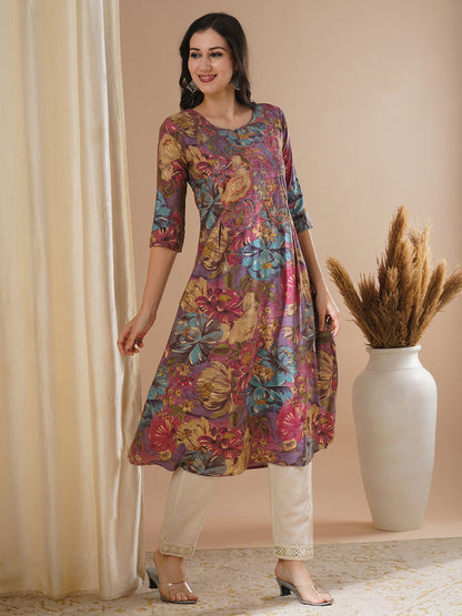 Floral Foil Printed & Embroidered A-Line Flared Kurta - Mauve