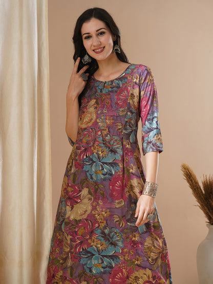 Floral Foil Printed & Embroidered A-Line Flared Kurta - Mauve