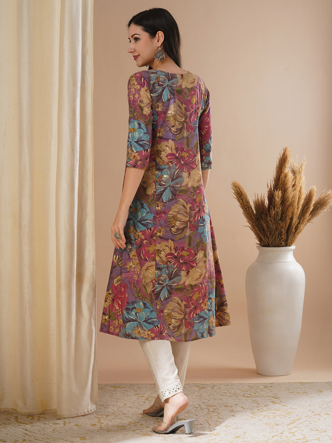 Floral Foil Printed & Embroidered A-Line Flared Kurta - Mauve