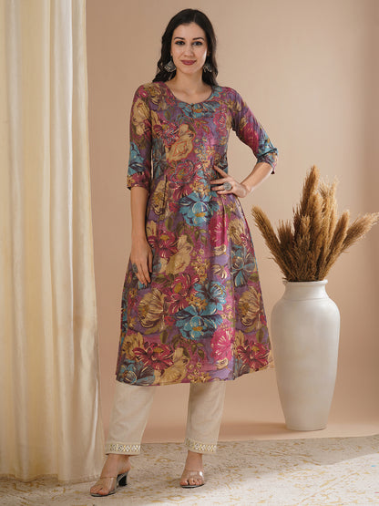 Floral Foil Printed & Embroidered A-Line Flared Kurta - Mauve