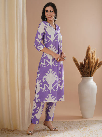 Ethnic Ikat Printed A-Line Co-ord Set - Purple