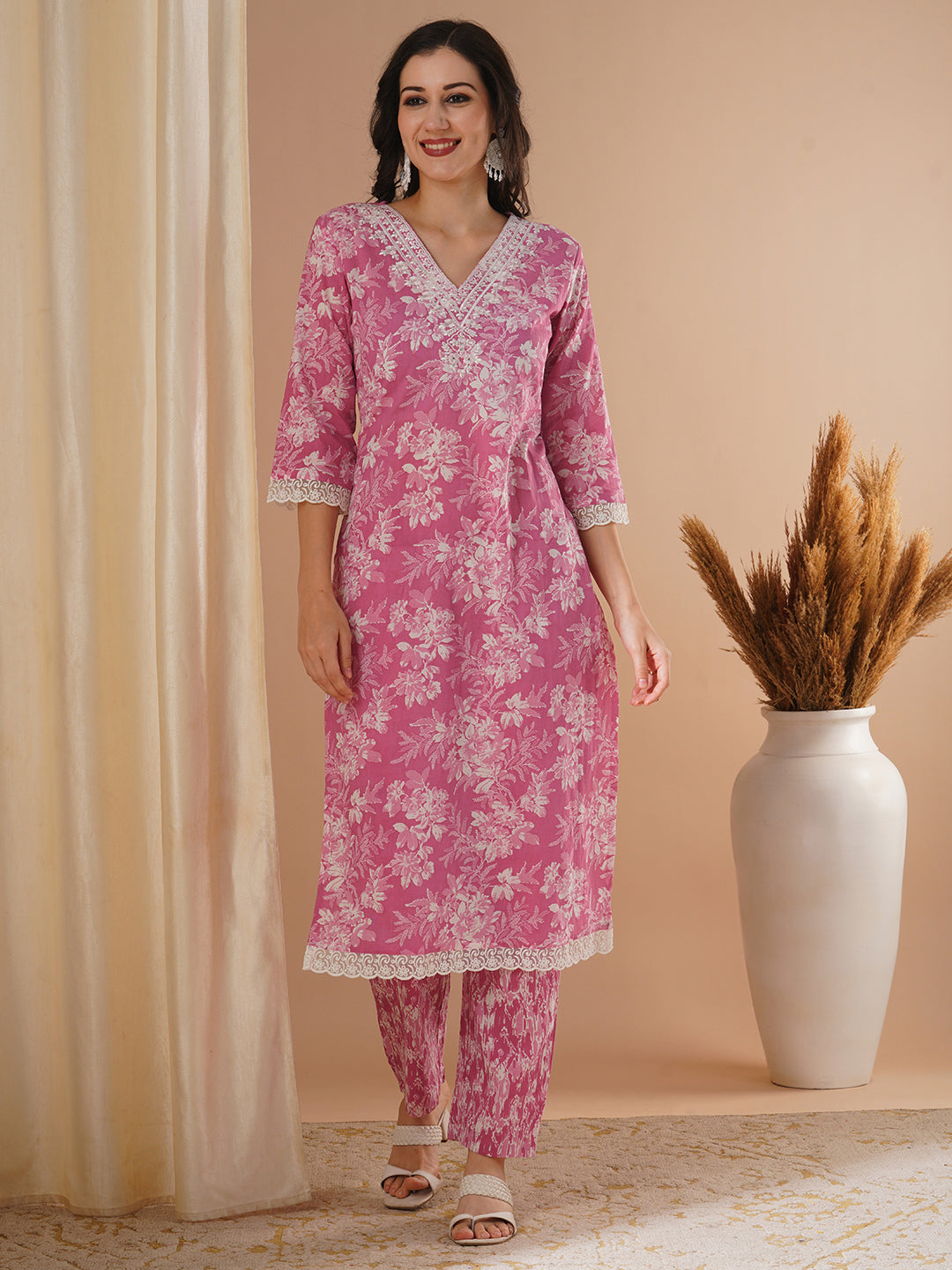 Floral Printed & Embroidered Straight Fit Kurta with Pant - Pink