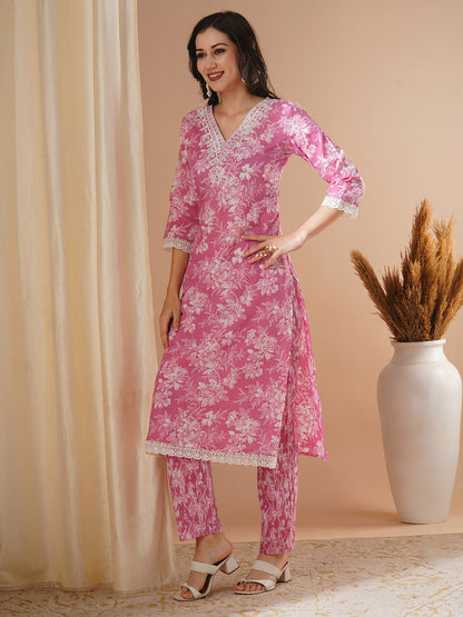 Floral Printed & Embroidered Straight Fit Kurta with Pant - Pink