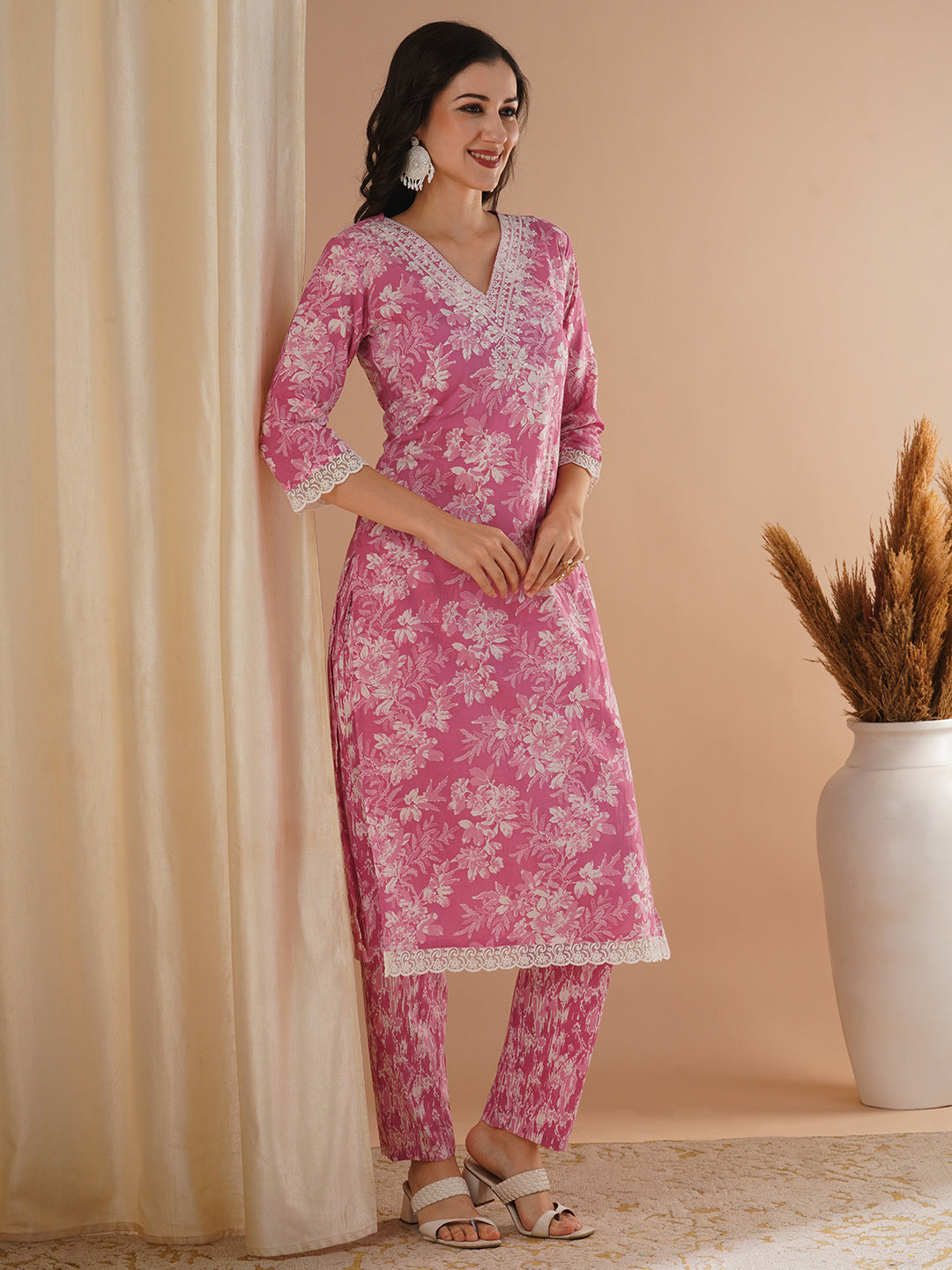 Floral Printed & Embroidered Straight Fit Kurta with Pant - Pink