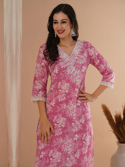 Floral Printed & Embroidered Straight Fit Kurta with Pant - Pink