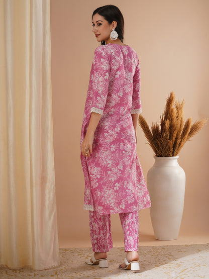 Floral Printed & Embroidered Straight Fit Kurta with Pant - Pink