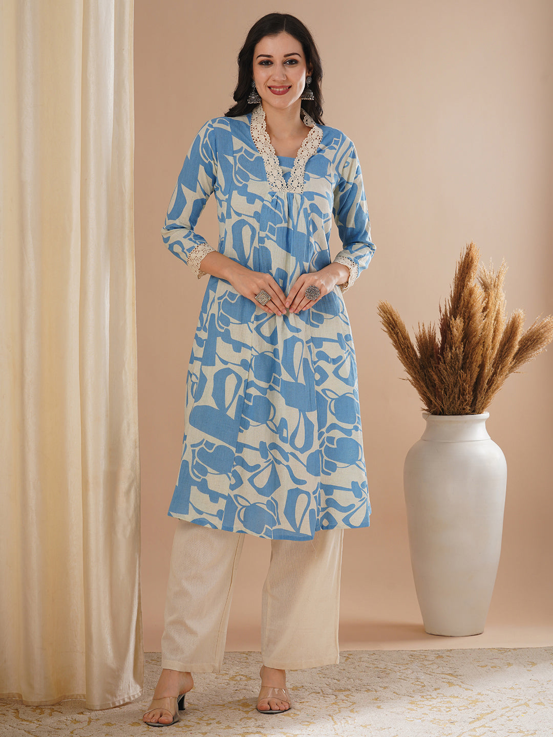 Abstract Printed A-Line Paneled Kurta with Palazzo - Blue