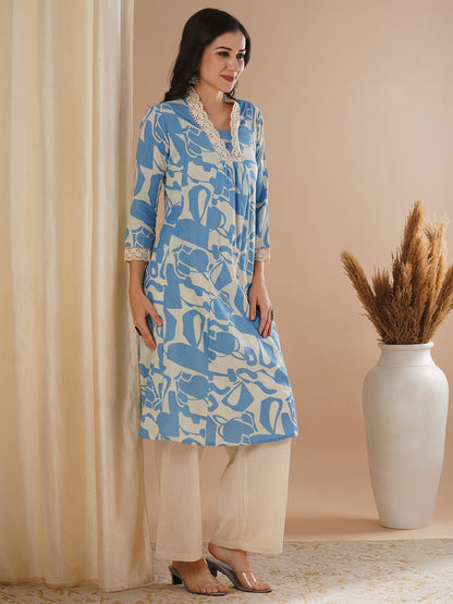 Abstract Printed A-Line Paneled Kurta with Palazzo - Blue