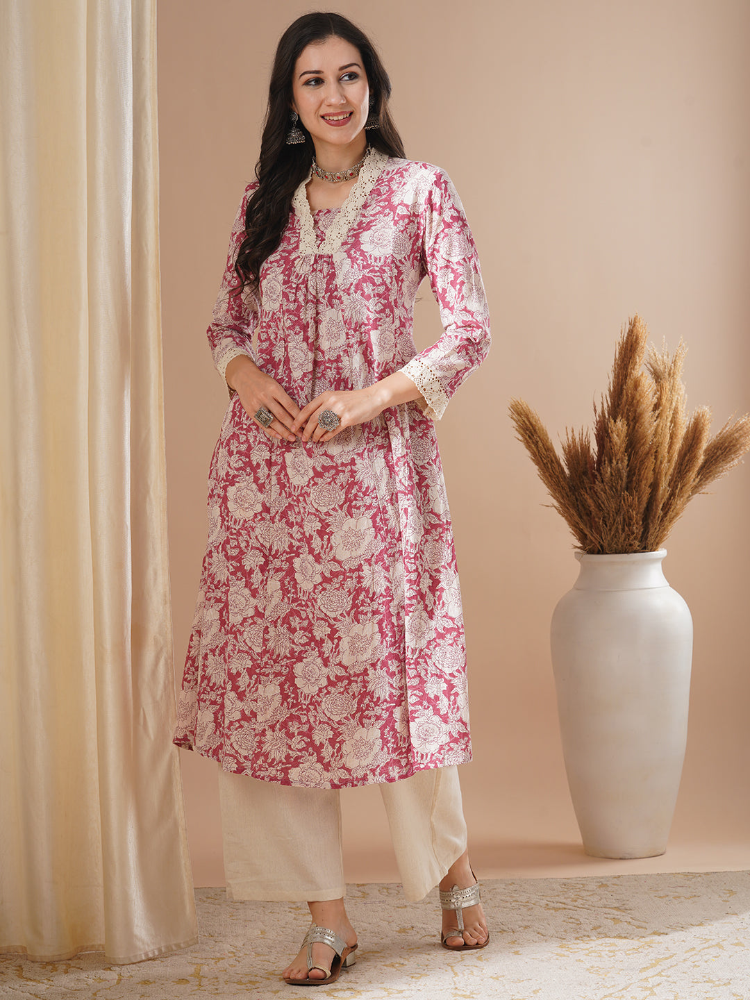 Ethnic Floral Printed A-Line Paneled Kurta with Palazzo - Pink