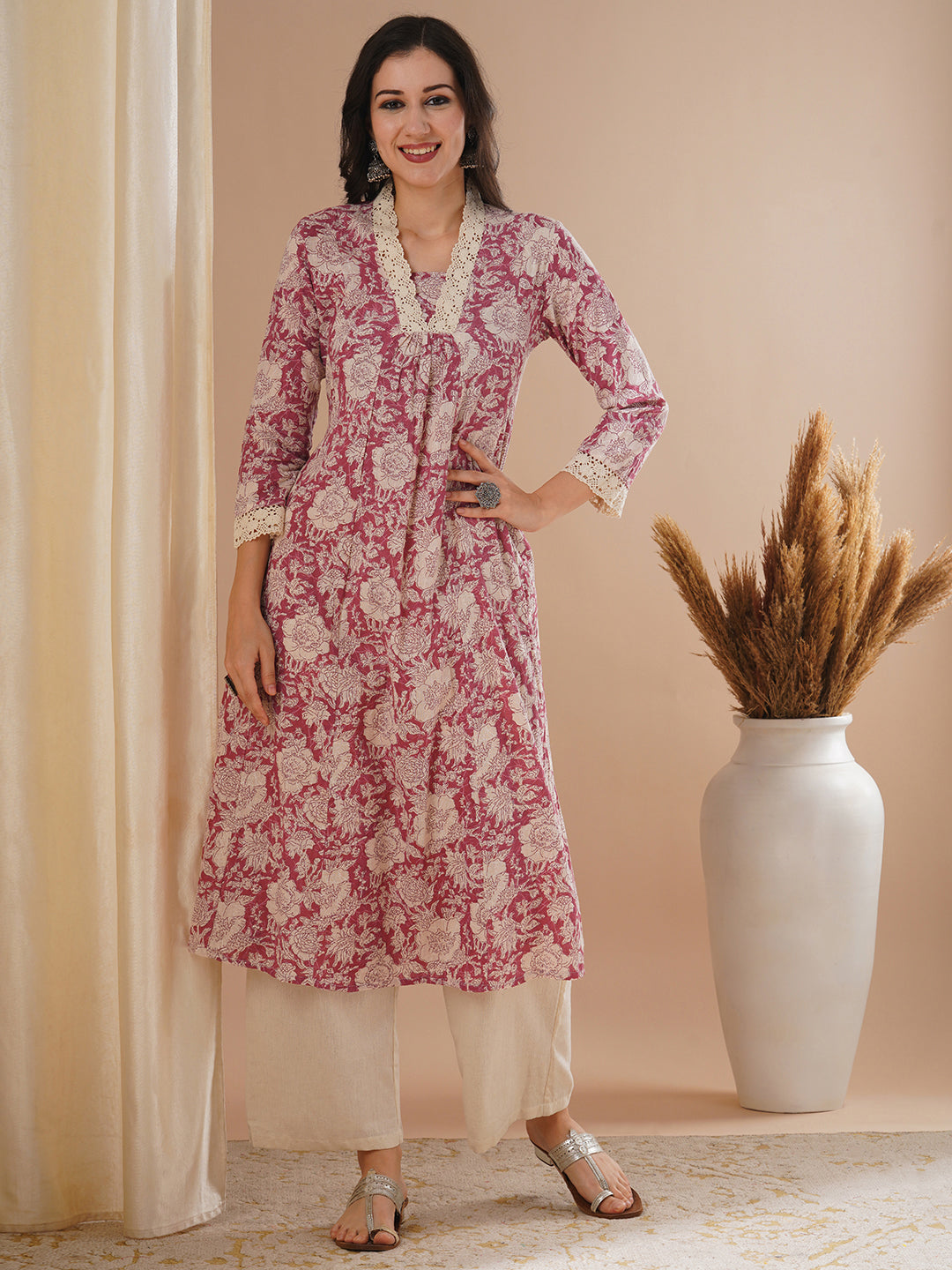 Ethnic Floral Printed A-Line Paneled Kurta with Palazzo - Pink