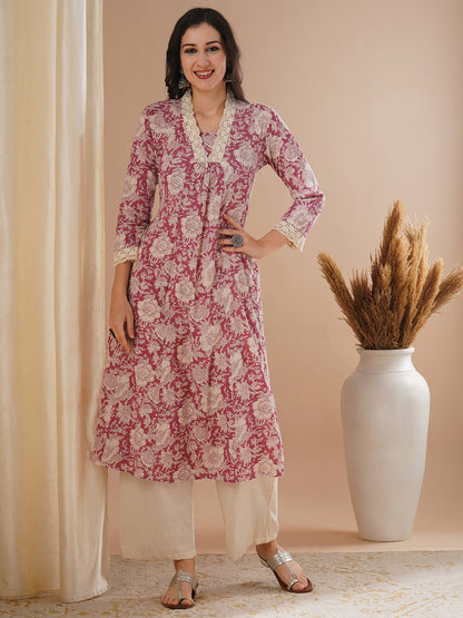 Ethnic Floral Printed A-Line Paneled Kurta with Palazzo - Pink