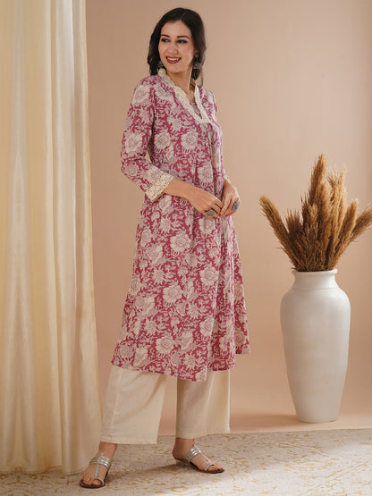 Ethnic Floral Printed A-Line Paneled Kurta with Palazzo - Pink