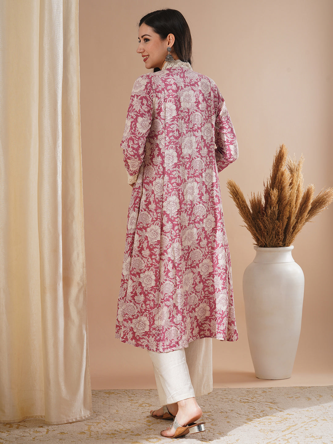 Ethnic Floral Printed A-Line Paneled Kurta with Palazzo - Pink