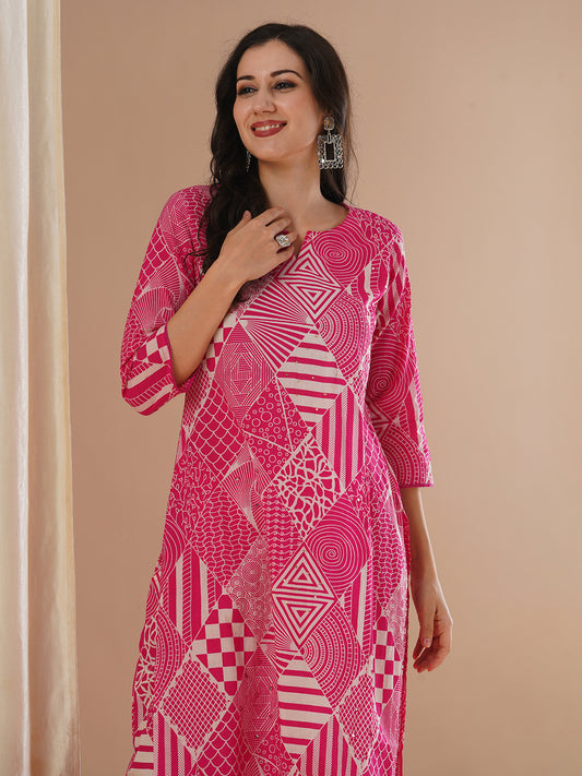 Ethnic Geometric Printed & Embroidered Straight Fit Co-ord Set - Pink