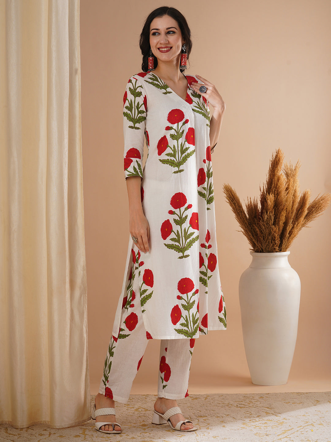 Ethnic Floral Block Printed A-Line Co-ord Set - Red